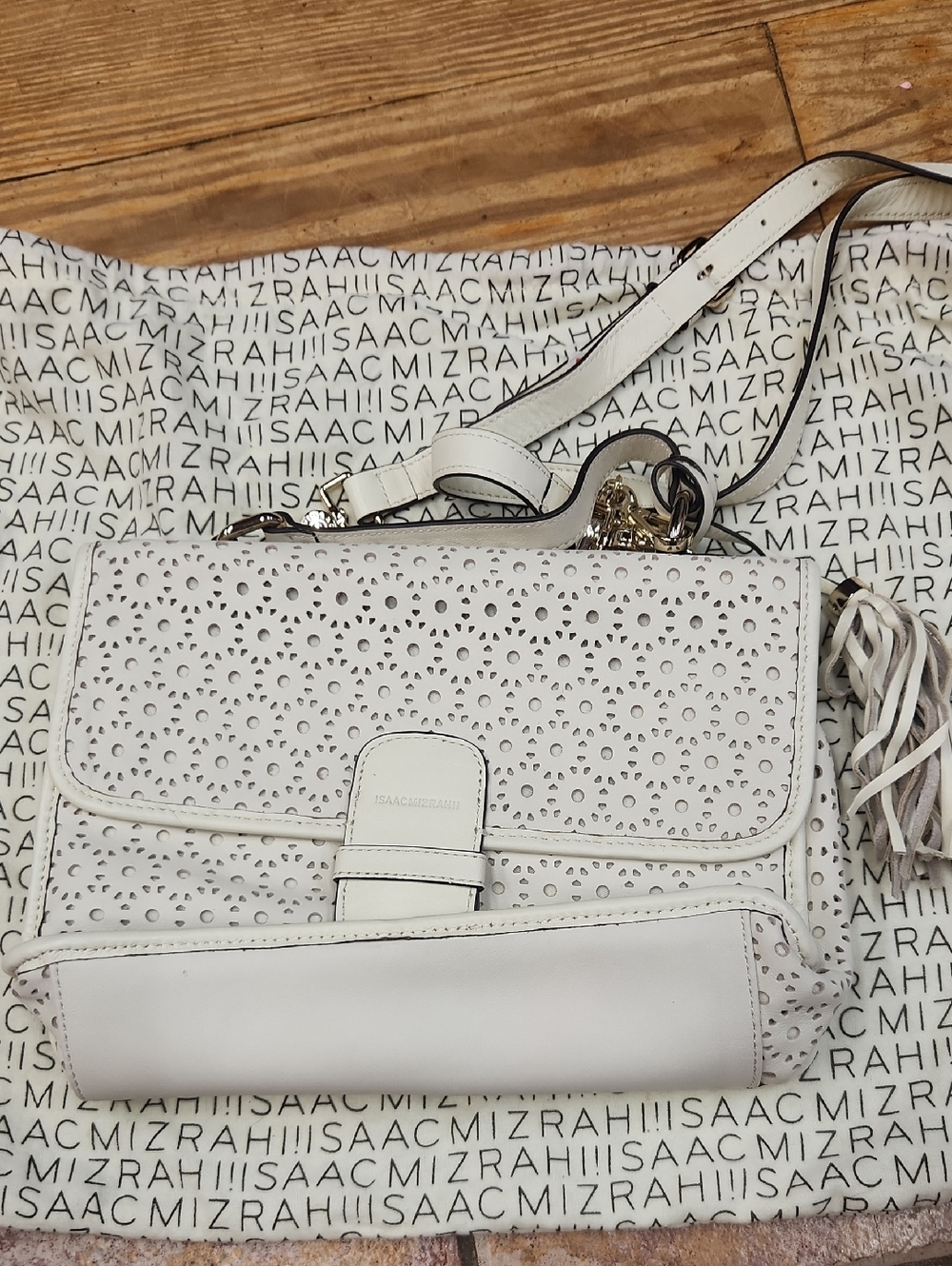 Isaac Mizrahi White Laser-Cut Leather Shoulder Bag with Tassel
